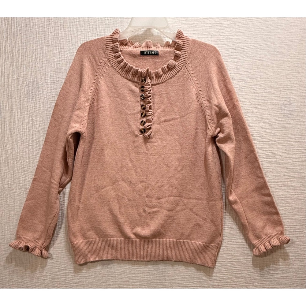 BTFBM‎ Womens Blush Pink Ruffle Neck Button Up Long Sleeve Sweater Size M